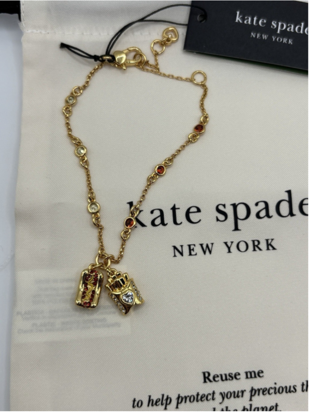 Kate Spade New York Hot Dog & Fries Charm Bracelet Gold Tone NWT - Picture 5 of 5